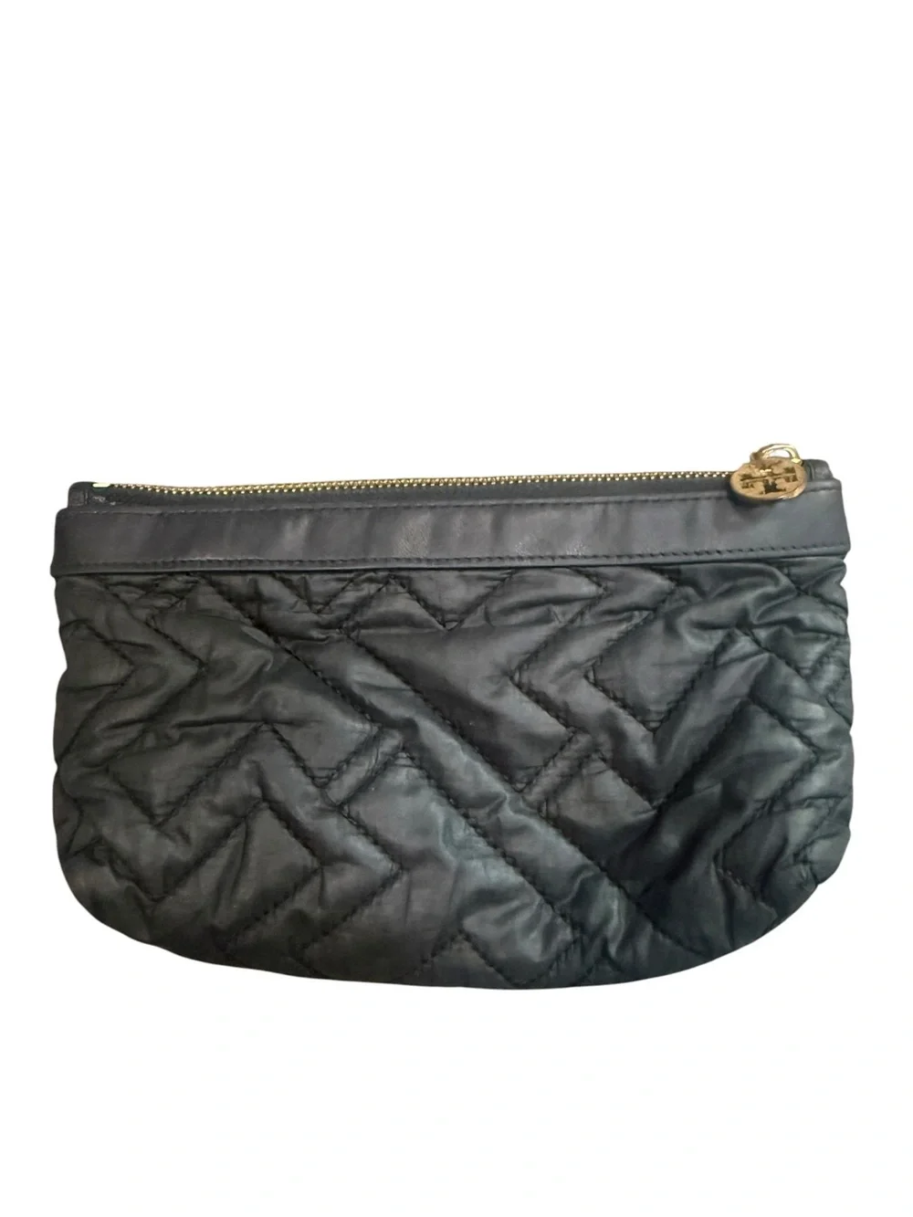 Tory Burch Black Quilted Zip Cosmetic Pouch with Gold Accent